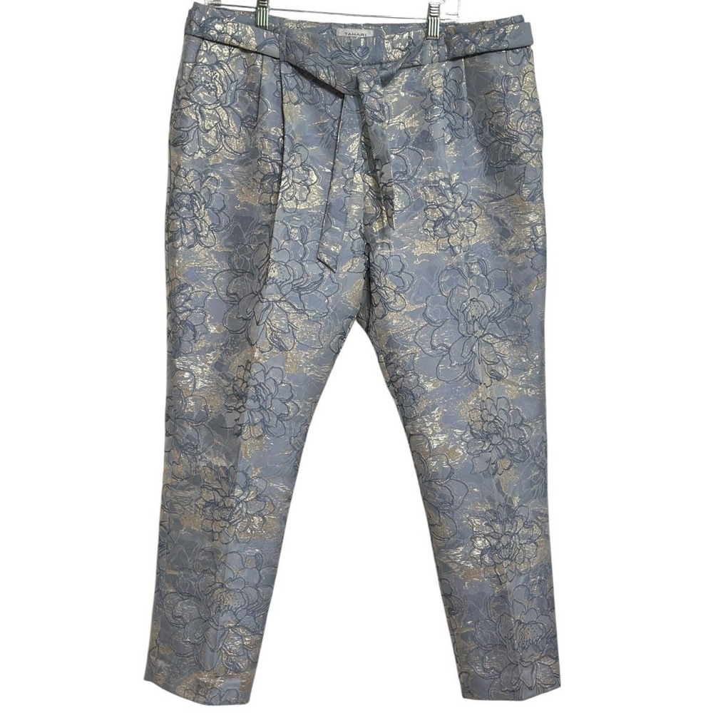 Tahari Floral Brocade Trousers Women Silver Blue Metallic Tie Waist Glam Chic 14